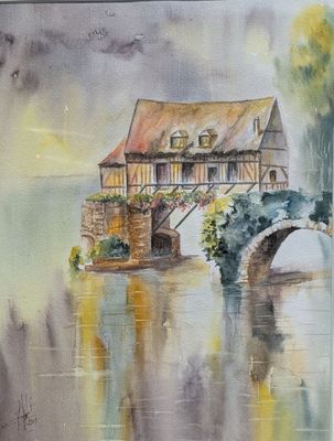 aquarelle représentant une maison sur un pont enjambant un plan d'eau