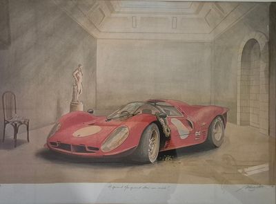 painting of a red sports car in a room with a chair