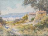 une image d'une peinture représentant une maison sur une colline