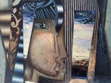 peinture abstraite représentant le visage d'une femme, accompagnée d'un collage d'images