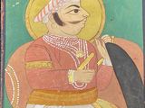 painting of a man in a red and gold outfit holding a sword