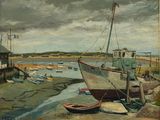 un tableau représentant un bateau sur le rivage, avec d'autres bateaux