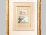 two framed prints of a landscape with trees and cattle