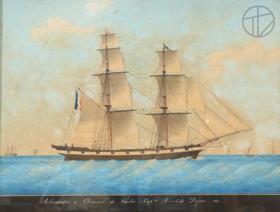 an old painting of a ship in the water with a sky background