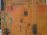 une peinture représentant une calèche devant un bâtiment