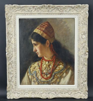 un tableau représentant une femme portant une coiffe et un collier
