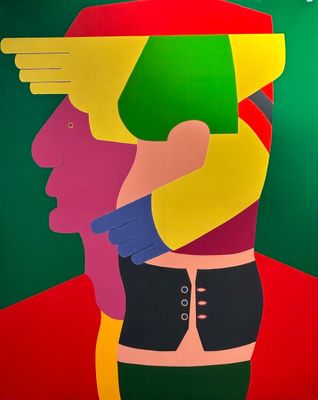an image of a painting of a man with a bird on his head