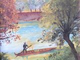 a painting of a man in a boat on the water