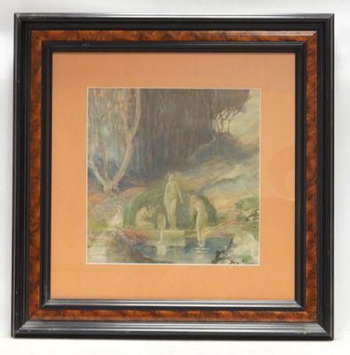 painting of a couple of elephants drinking water in a wooded area