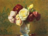 a painting of flowers in a glass vase on a table