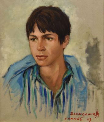 painting of a young man in a blue shirt and striped shirt