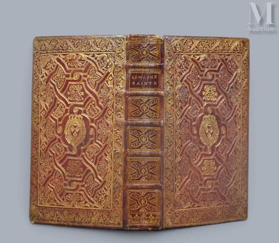 un vieux livre avec une reliure en cuir doré et rouge sur fond gris