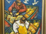 tableau représentant deux hommes dans un bateau, avec des oiseaux qui volent autour d'eux