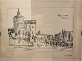 un dessin représentant un bâtiment surmonté d'une tour horloge