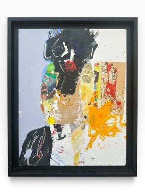 une peinture abstraite représentant une femme aux cheveux noirs vêtue d'une robe jaune