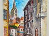 painting of a painting of a street scene with buildings and a church steeple