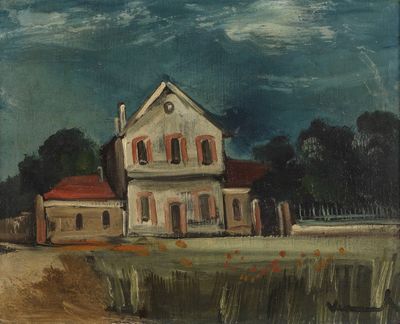 painting of a white house with a red roof sitting on a field