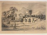 an old drawing of a castle with a bridge in the foreground