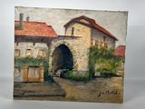 an oil painting of a house with a gate in front of it