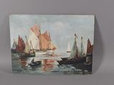 un tableau représentant des bateaux sur l'eau avec des personnes à bord