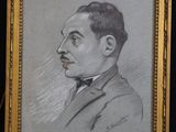 a drawing of a man in a suit and bow tie in a gold frame