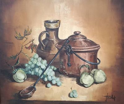 une peinture représentant une peinture d'une cruche et de raisins