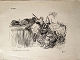 un vieux dessin représentant un homme allongé par terre à côté d'un autre homme