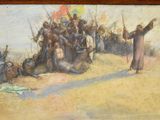 a painting of a man standing in front of a group of people