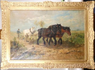 Tableau HST -Chevaux de trait et paysan au travail- signé *S…