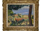 an oil painting of a landscape with trees and a body of water