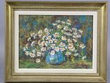 painting of a vase of daisies in a blue vase on a table