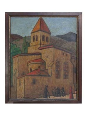 une peinture à l'huile représentant une église surmontée d'un clocher