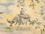 une photo d'un tableau représentant un homme à dos de vache