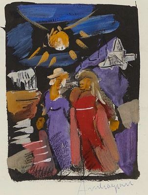 peinture d'un groupe de personnes devant un bâtiment