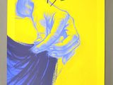 a yellow and blue poster with a drawing of a woman in a blue dress
