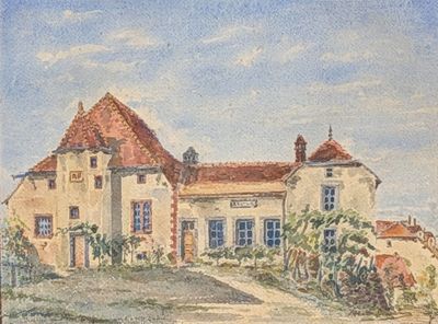 tableau représentant une maison au toit rouge et à la porte bleue