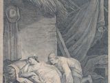 drawing of a woman laying on a bed with a man sleeping in the background