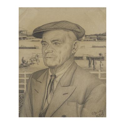 drawing of a man in a suit and hat with a baseball field in the background