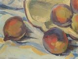 a painting of a bowl of fruit on a table