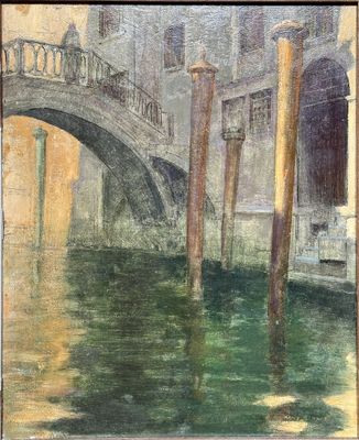 une peinture à l'huile représentant un pont sur une rivière avec des bâtiments à l'arrière-plan