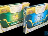 two boxes of pokemon trading cards are shown on a black background