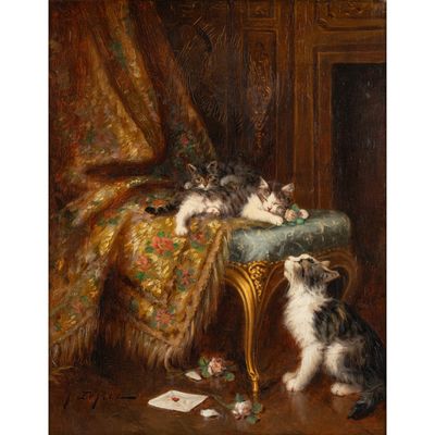 un tableau représentant un chat et ses chatons sur une chaise près d'une table