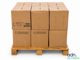 several cardboard boxes stacked on a pallet on a white background