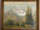 un tableau représentant un paysage de montagne avec des pins et des montagnes en arrière-plan