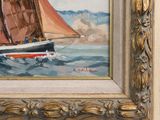a painting of a boat in the water with a red sail