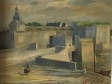 un tableau représentant un homme debout devant un bâtiment