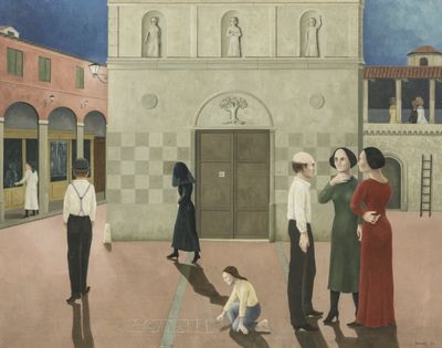 peinture d'un groupe de personnes devant un bâtiment
