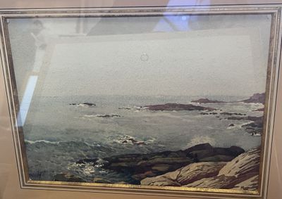 painting of a view of a body of water with rocks in the foreground
