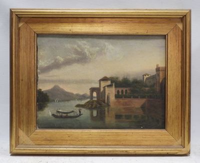 painting of a boat in a body of water with a castle in the background