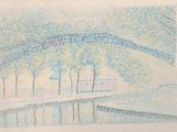 drawing of a bridge over a body of water with trees in the background